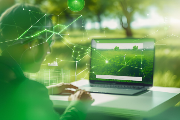 Sustainable technology concept showing a developer working in a green environment with renewable energy