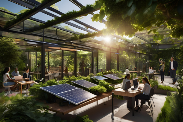 HijauTech's vision of sustainable technology with outdoor workspaces in a green environment, solar panels, and renewable energy