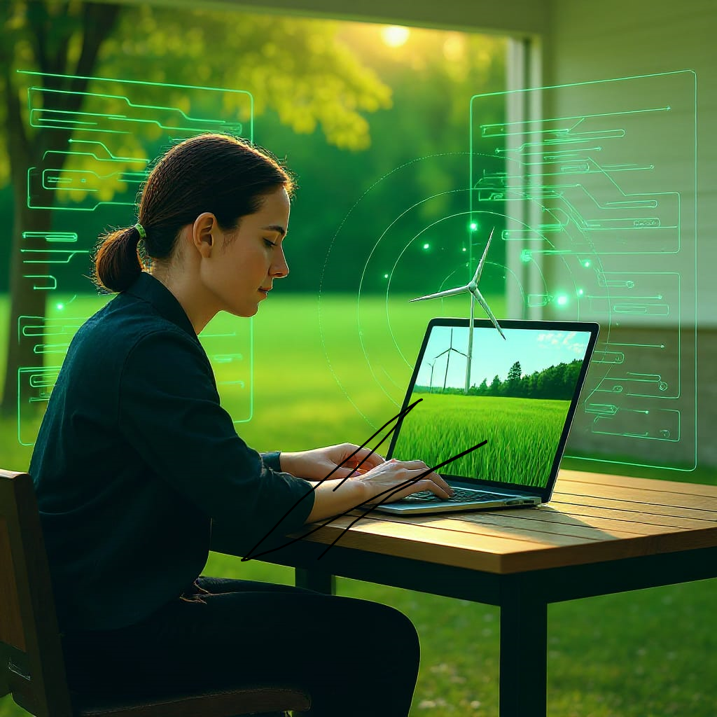 Sustainable technology concept showing a developer working in a green environment with renewable energy